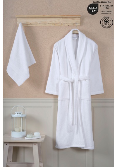 Bornoz Seti %100 Pamuk Sertifikalı Şalyaka Bornoz Kafa Havlusu Takımı 2 Parça Beyaz