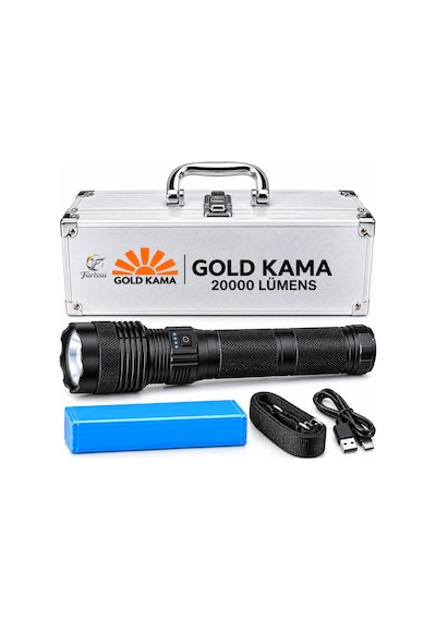 20000 Lümen Şarjlı Led El Feneri, 2-3 Km Menzilli, Zoomlu, 5 Modlu, Powerbank Özellikli Siyah
