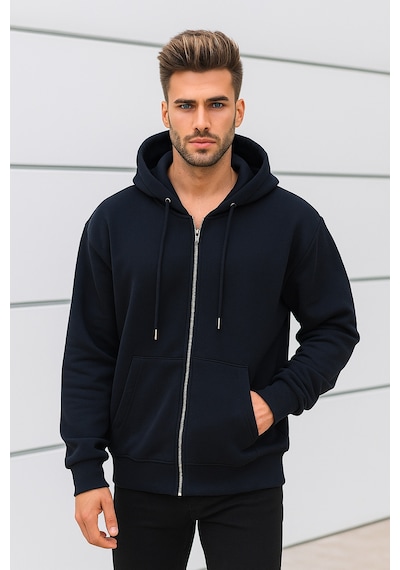 Rich Erkek Lacivert Kapüşonlu Kanguru Cepli Fermuarlı Sweatshirt Lacivert