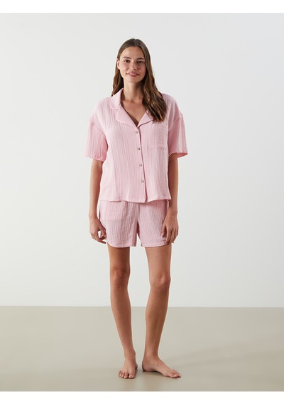 Lcw Dream Pembe Gömlek Yaka Müslin Kadın Şortlu Pijama Takımı