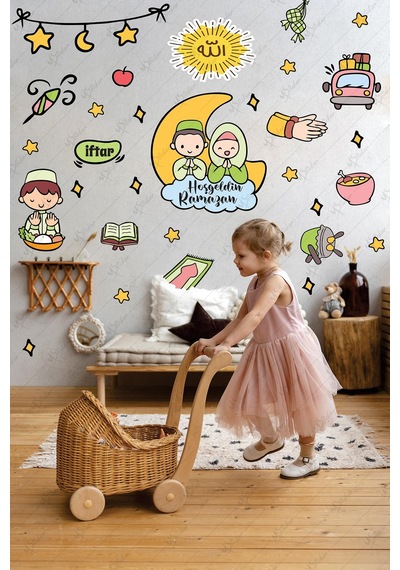 Hoşgeldin Ramazan Çocuk Odası Cam Duvar Sticker Seti Dua Eden Çocuklar Eğitici Ramazan Ayı Çok Renkli