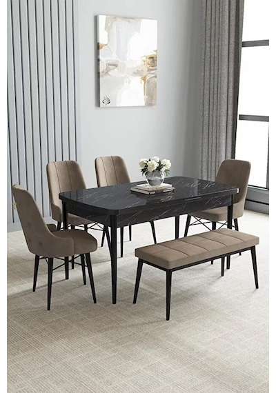 Loft Siyah Mermer 80x132 Açılabilir Mdf Masa Yemek Odası Takımı, Mutfak Takımı 4 Sandalye, 1 Bench Cappuccino Loft Siyah Mermer 80x132 Açılabilir Mdf Masa Yemek Odası Takımı, Mutfak Takımı 4 Sandalye, 1 Bench Cappuccino