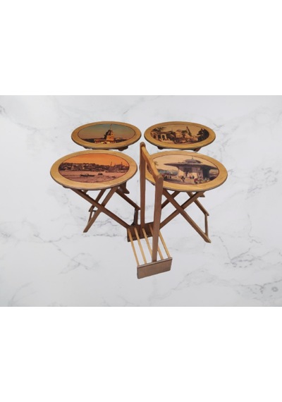 Zigon Sehpa Çanta Çiçek Motif Oval Kayın Torna Ayak Itinalı Paket
