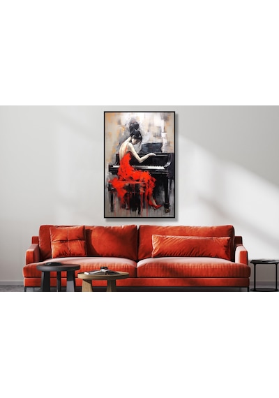 Yağlı Boya Dokulu Tablo Kırmızı Elbiseli Piyano Çalan Kadın Siyah Çerçeveli U05004-178956