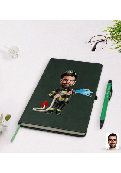 Kişiye Özel Erkek İtfaiyeci Karikatürlü Yeşil Termo Deri Defter K