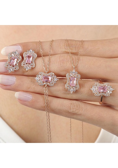 Mia Vento Pink Taşlı Işıltı Klasiği Rose Renk Vintage Gümüş Mini Set