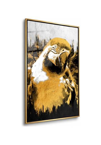 Altın Tonlu Papağan Portresi Gold Çerçeveli Cam Tablo