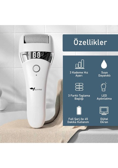 Şarjlı Elektrikli Topuk Törpüsü Ayak Bakım Cihazı 3 Başlıklı Suya Dayanıklı Dijital Ekranlı