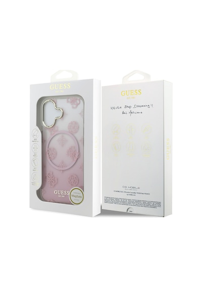 Apple Uyumlu iPhone 17 Kılıf Guess Lisanslı M-safe Şarj Özellikli Simli Peony Desenli Silikon Kapak Pembe Pembe