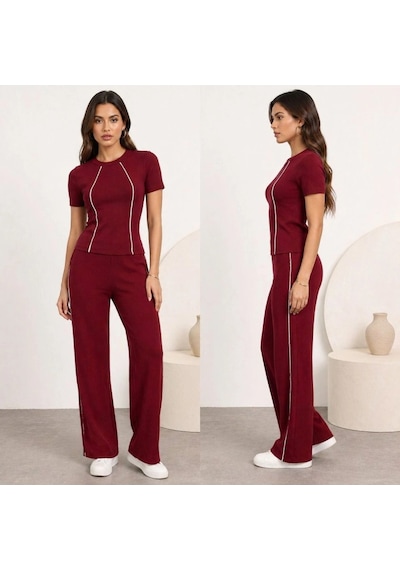 Defymoda Kadın Biye Detay Pantolonlu Takım Bordo