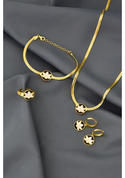 Papatya Silver 925 Ayar Gold Kaplama Mineli Lotus Çiçeği Kolye-Bileklik-Yüzük-Küpe Set
