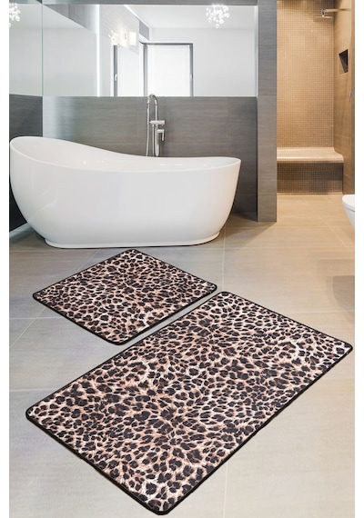 Jaguar Djt 2 Li Set Banyo Halısı, Paspas Kaymaz Tabanlı Leopar