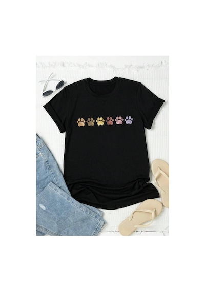 Medinenur Kedi Patileri Baskılı Basic T-shirt Siyah