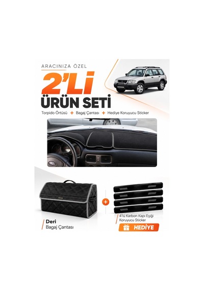 Subaru Forester 1997-2002 Uyumlu Torpido Örtüsü + Deri Bagaj Çantası + Sticker Seti - Siyah Gri