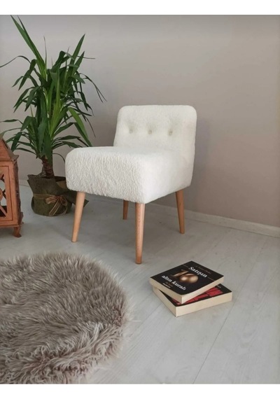 Rahat Oturum Alanlı Retro Gürgen Ahşap Ayaklı Beyaz Welsoft Kumaş Puf Bench Sandalye Tabure Beyaz