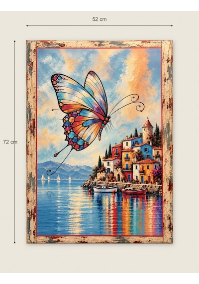 Ahşap Eskitme Çerçeve Görünümlü Kelebekli Sahil Kasabası Temalı Dekoratif Ahşap Tablo 52 X 72 Cm