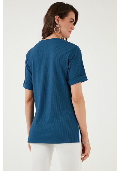 Lela Oversize Bisiklet Yaka Yırtmaç Detaylı Bayan Bluz 5869000 Indigo