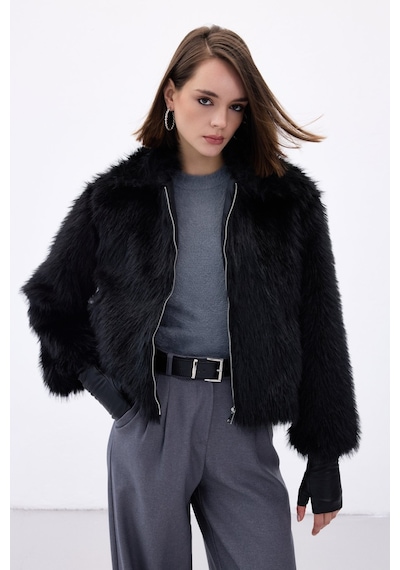 Sateen Fermuarlı Kürk - Siyah-136671 Siyah