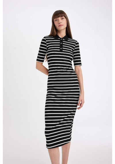 Defacto Bodycon Vücuda Oturan Düğmeli Polo Yaka Çizgili Fitilli Kaşkorse Yarım Kol Midi Elbise D5864AX24AU Siyah