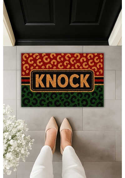 Rugmood Modern Dijital Baskı Knock Yazılı Kapı Önü Paspası 70x45 Cm Kapı Önü Paspası Kırmızı
