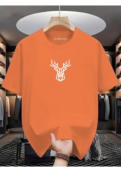 Geyik Baskılı Oversize Tişört Turuncu