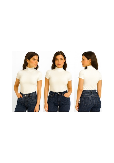 İngegno Body Yarım Balıkçı Yaka Kısa Kol Örme Kumaş Viskon Body Kadın Ekru