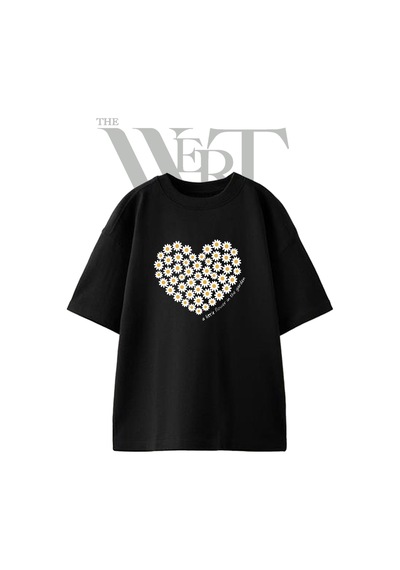 Thewert Papatya Kalp Tasarım Baskılı Ünisex Siyah Oversize T-shirt