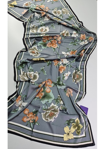 Miorel Scarfs Yeni Sezon Çiçek Desen Vual İpek Şal Fular Silk Scarfs Shawl Hijab Gri
