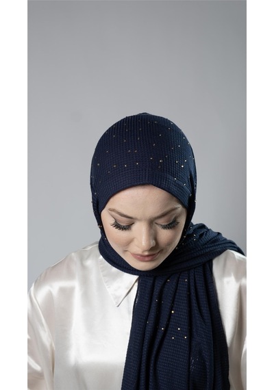 Hürrem Bone Lacivert Pratik Hazır Geçmeli Tesettür Şal Örme Kumaş Taş Desenli 2118t 02