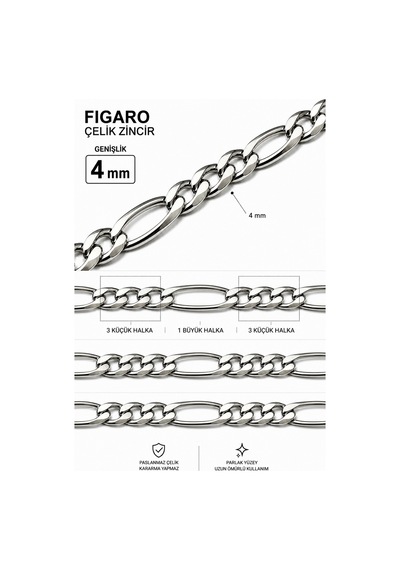 Gümüş Kaplama 316 L Paslanmaz Çelik Kz-105 Figaro 3+1 Zincir Kolye 4 Mm. Beyaz