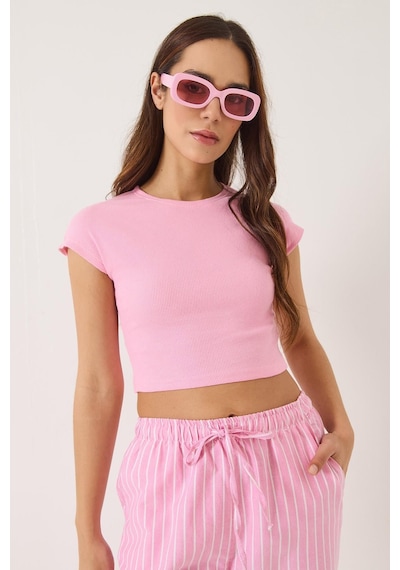 Shade Kadın Bisiklet Yaka Kısa Kollu Basic Kaşkorse Crop Top T-shirt 60602044 - Pembe