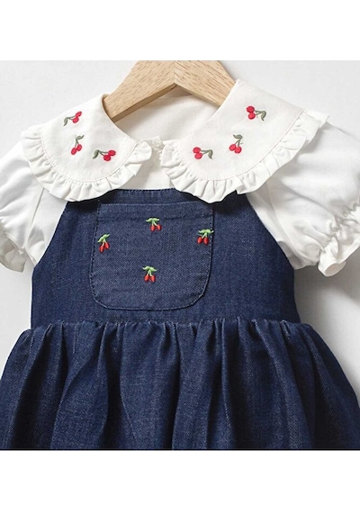 Ministok Cherry Nakış İşlemeli Gömlekli Çanta Aksesuarlı Kız Bebek Romper Lacivert