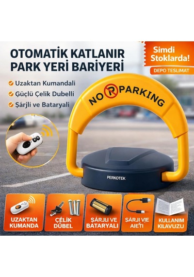 Perkotek Uzaktan Kumandalı Otomatik Park Bariyeri Şarjlı, Katlanır, Çelik Dübel Dahil