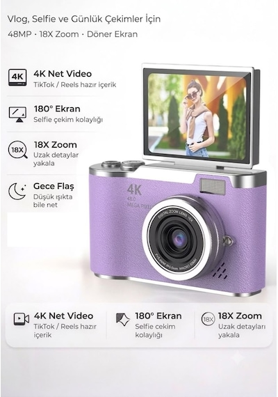 4k Dijital Retro Video Kamera 48mp 15x Zoom Flaşlı Dijital Vlog Fotoğraf Makinesi Türkçe Mor - 883561173