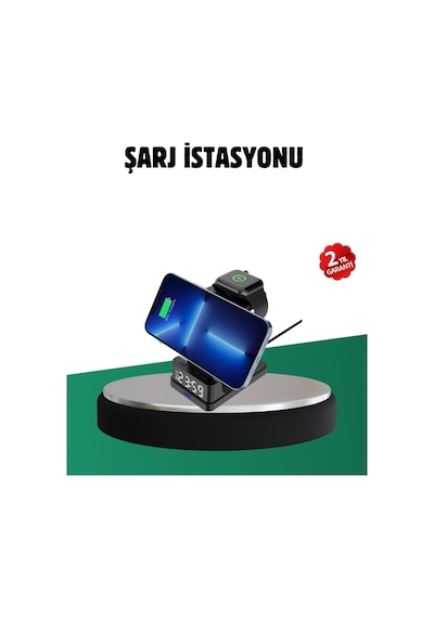 Kablosuz Şarjlı Dijital Masa Saati 3 Parlaklık Seviyeli Led, Hızlı Şarj, Apple Uyumlu