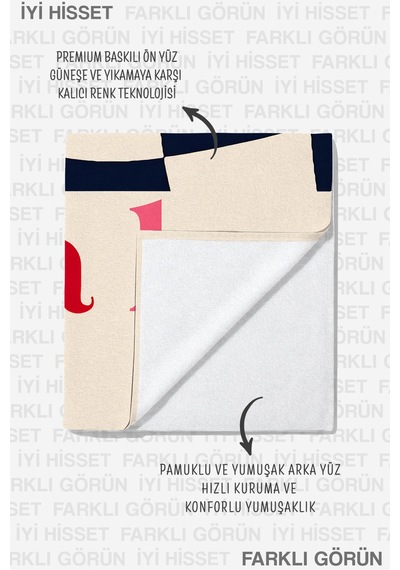 Modern Tipografik Damalı Plaj Havlusu - Marine Stil Lacivert Krem Hızlı Kuruyan Mikrofiber Havlu Köpük Tozu