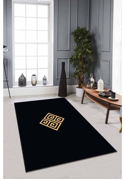 Siyah Gold Modern Klasik Kaymaz Tabanlı Dekoratif Halı Ar010n11 Siyah - Gold