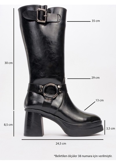 Luvishoes Luvi Shoes Rock Siyah Cilt Tokalı Fermuarlı Kadın Platform Topuklu Çizme Siyah