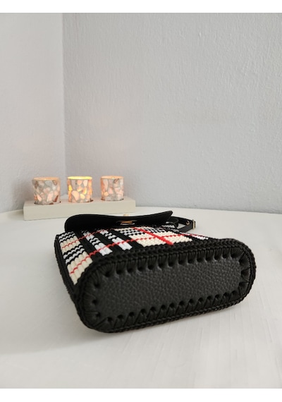 Burberry Desen, Kanvas İşleme, Handmade Renkli, Kadın Mini Çanta Siyah