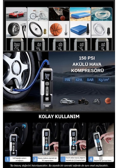 Yüksek Güç 4-in-1 Vakum Sos Işık Akü Takviye Şişirme Pompası Taşınabilir Şarj Edilebilir Otomatik Acil Ve Günlük Kullanıma Uygun Güç Cihazı