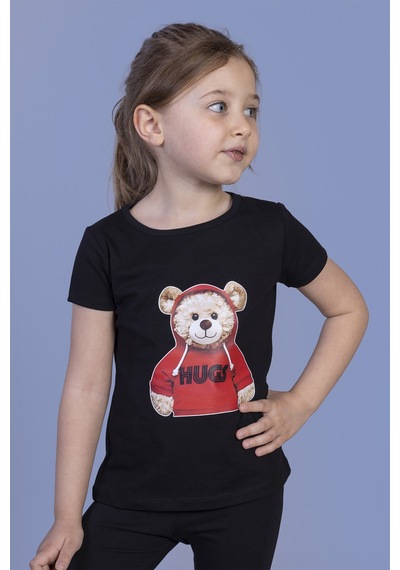 Toontoy Kids Toontoy Kız Çocuk Ayıcık Baskılı Tişört Siyah