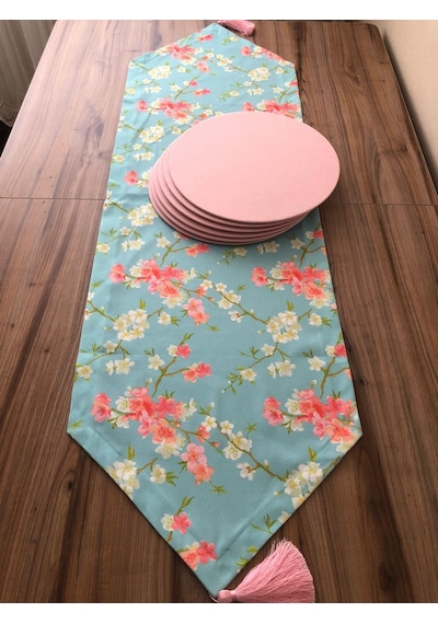 Mint Zemin Üzerine Pembe Çiçek Desenli Runner & Supla Çok Renkli