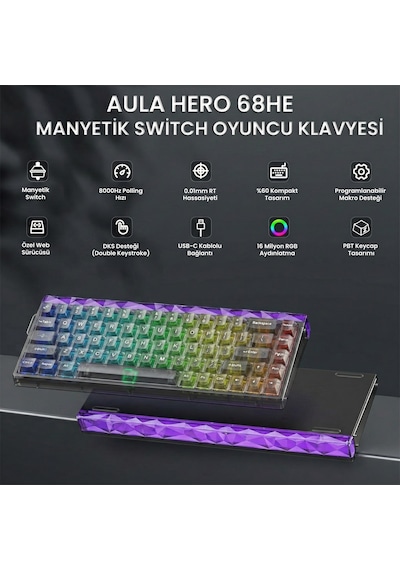 Aula Hero 68 He Manyetik Klavye Rapid Trigger Jade King Switch 8000hz Rgb Neon Tkl Hot Swap Oyuncu Klavyesi Şeffaf Siyah