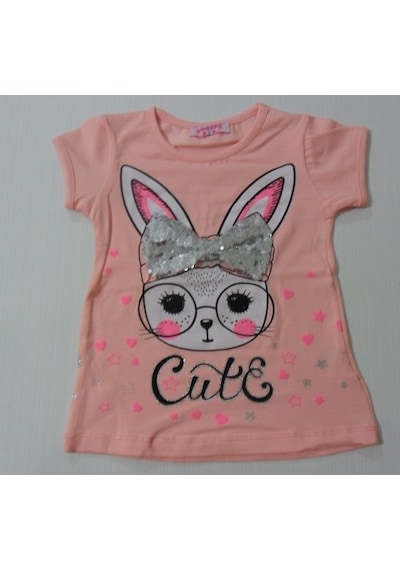 %100 Pamuk Tavşanlı Fiyonklu Kız Çocuk Tshirt Dar Kalıp Pembe