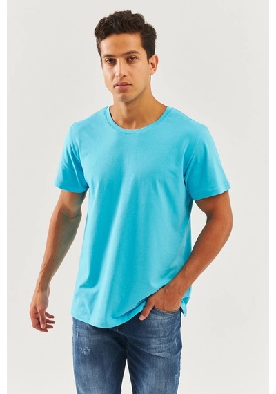 Erkek Oversize Rahat %100 Pamuklu Penye Bisiklet Yaka Kısa Kol Basic T-shirt Aqua