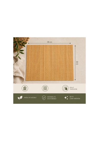 3'lü Set Bambu Amerikan Servisi Doğal Şık Sofra Sunumu Dekoratif Hasır Görünümlü Masa Servisi 30x38 Cm Kahverengi