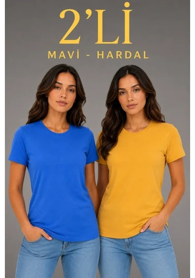 Hazego Basic Bisiklet Yaka Yazlık Slim Fit T-shirt - Mavi - Hardal Sarısı Çok Renkli