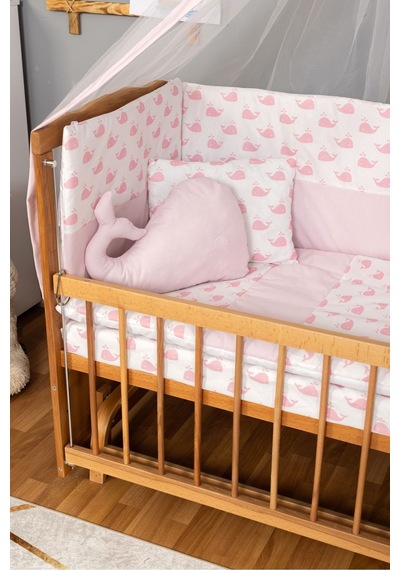 Ahşap Beşik Anne Yanı Beşik Doğal Vernikli 60x120 - Pembe Balina Uyku Seti Yatak Ahşap