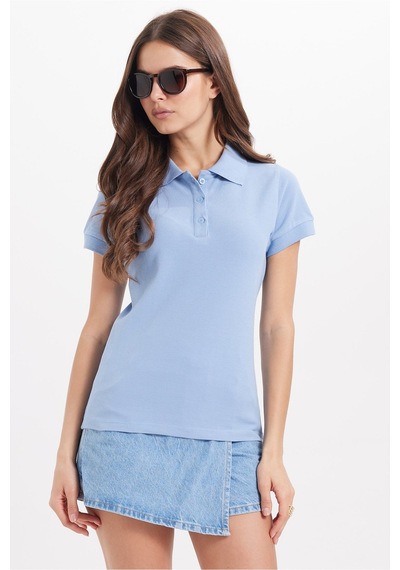 Tudors Kadın Slim Fit Dar Kesim %100 Pamuk Polo Yaka Mavipike Tişört -50837 Mavi