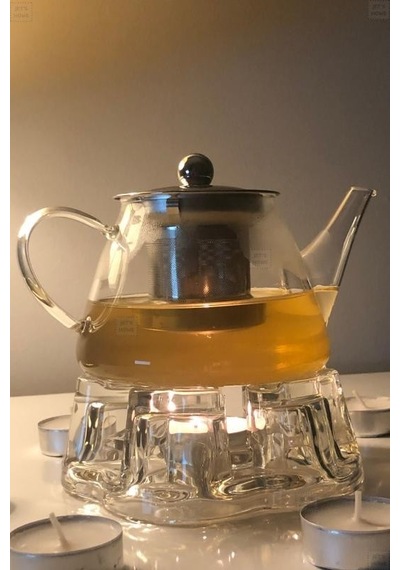 2 Li Set Cam Demlik Ve Cam Isıtıcı Süzgeçli Demlik 500 Ml Bitki Çayı Demliği Borasilikat V Şeffaf